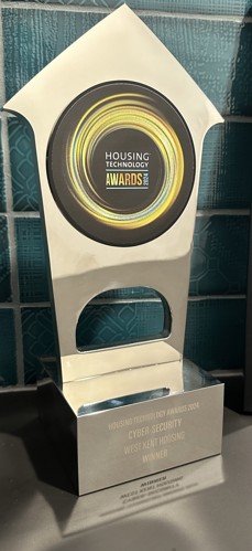 A picture of West Kent's award for Best Cyber-Security from the Housing Technology Awards