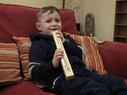 Young customer on a big red sofa