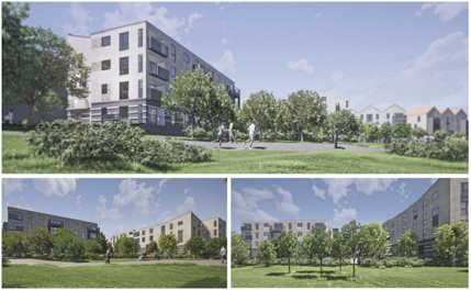 A CGI of what the development will look like - flats with lots of green space
