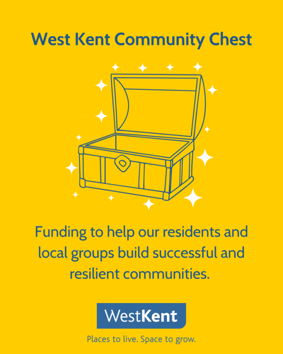 Infographic titled 'West Kent Community Chest' that reads: funding to help residents and local groups build successful and resilient communities