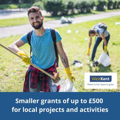 Image of couple litter picking- text states 'Smaller community groups and individual led applications maximum application £500'