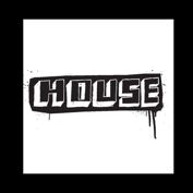White background with block captial text reading HOUSE in black with white shadowing.  Text background looks paint splattered and has paint runs.